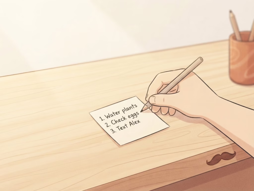 Hand writing a short checklist on a yellow sticky note on a bright kitchen counter, defining your own good enough standard