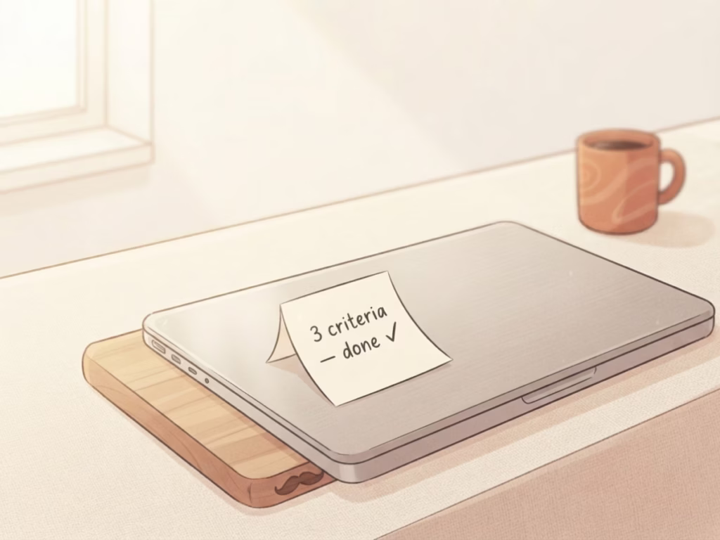 Sticky note reading '3 criteria — done' beside a closed laptop on a sunny counter — the satisficing action in one image