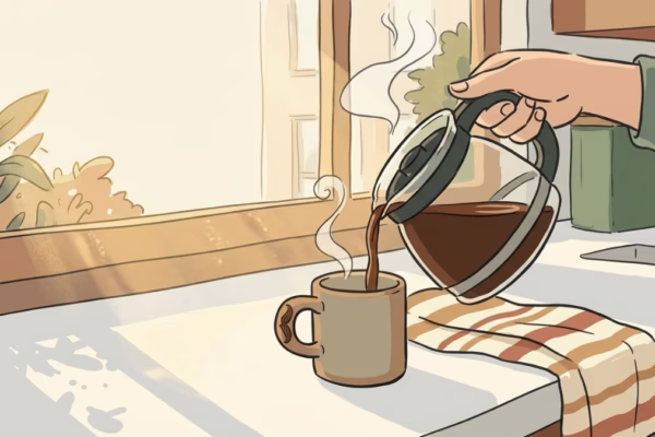 Hand pouring a mug of coffee on a bright sunny kitchen counter, the anchor habit for habit stacking