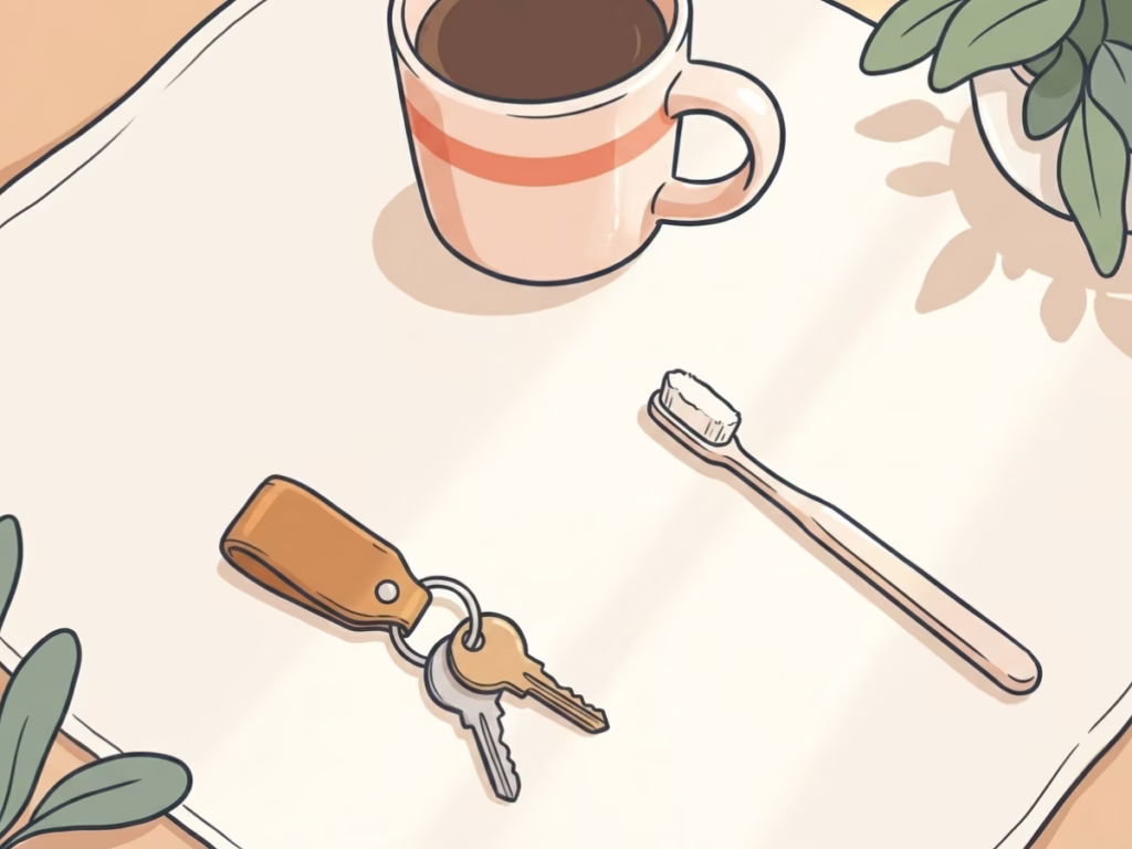 Overhead flat lay of everyday anchor habit items, coffee mug, toothbrush, and keys on a cream surface