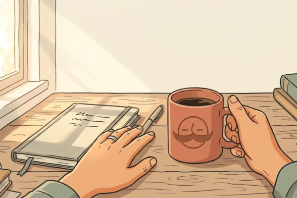 Man sitting at a cluttered desk with a cold coffee cup, mid-thought, morning light through window