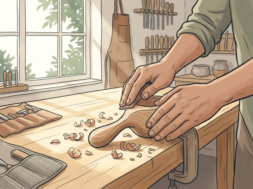 Hands working on an unfinished woodworking or craft project, wood shavings on a bright sunlit workbench