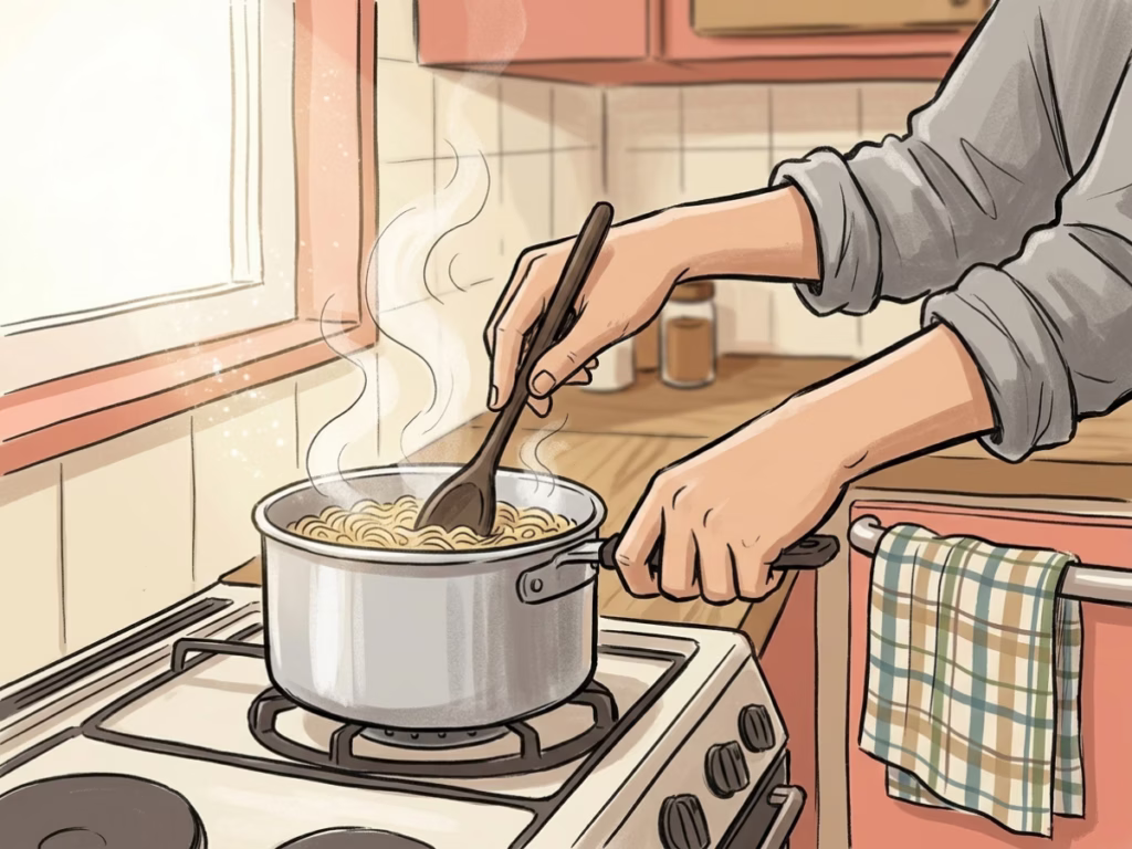 Real hands stirring a simple pot of ramen noodles on a home stove, warm kitchen morning light