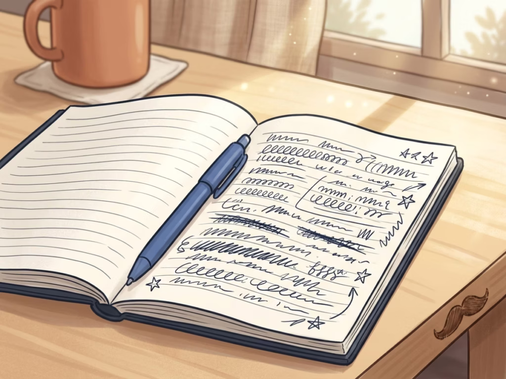 Open notebook with handwritten notes and crossed-out lines on a sunny morning desk, no faces, honest and real