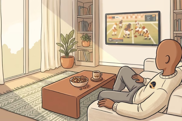 Man relaxing on couch watching football on a sunny Sunday afternoon in a bright living room