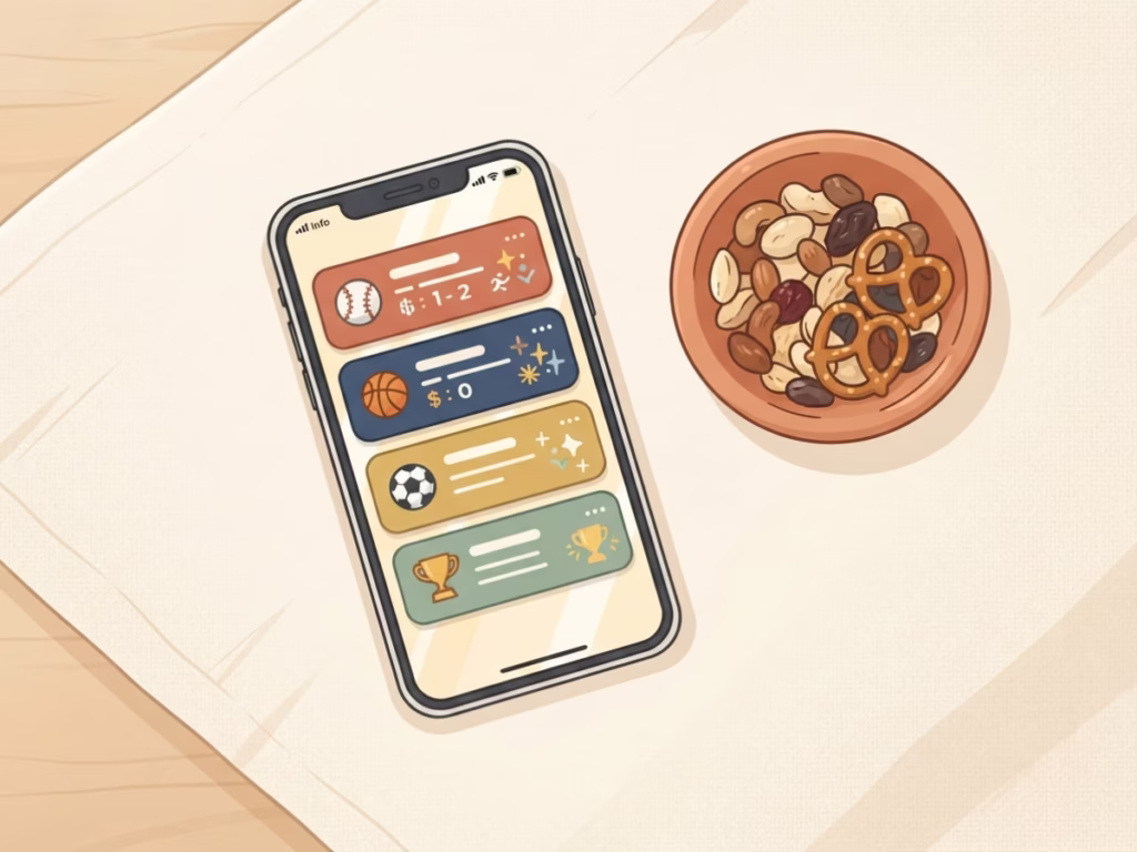 Smartphone screen showing multiple sports score alert notifications beside a snack bowl