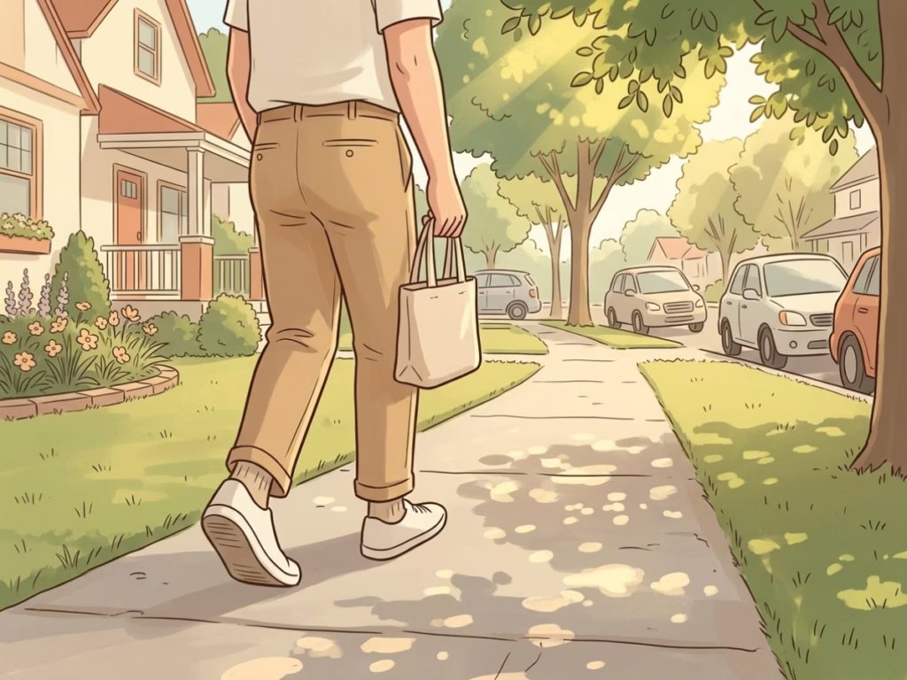 Man walking outside on a sunny afternoon in a quiet neighborhood, hands in pockets, relaxed