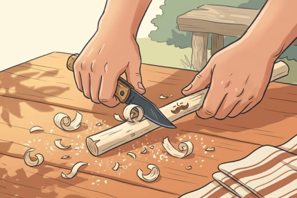 Hands whittling a small stick with a folding knife outdoors, warm natural light