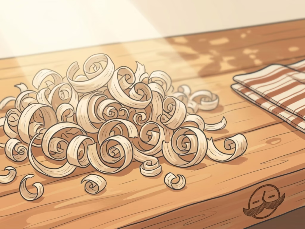 Fresh wood shavings curled on a warm wooden surface in bright natural light