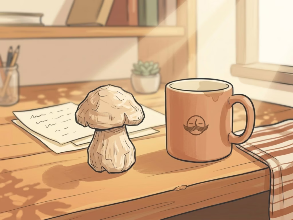 A small lopsided hand-carved wooden mushroom sitting on a sunny desk shelf beside everyday objects