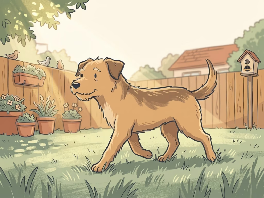A relaxed dog wandering across a sunny backyard — like thoughts drifting during meditation, no big deal