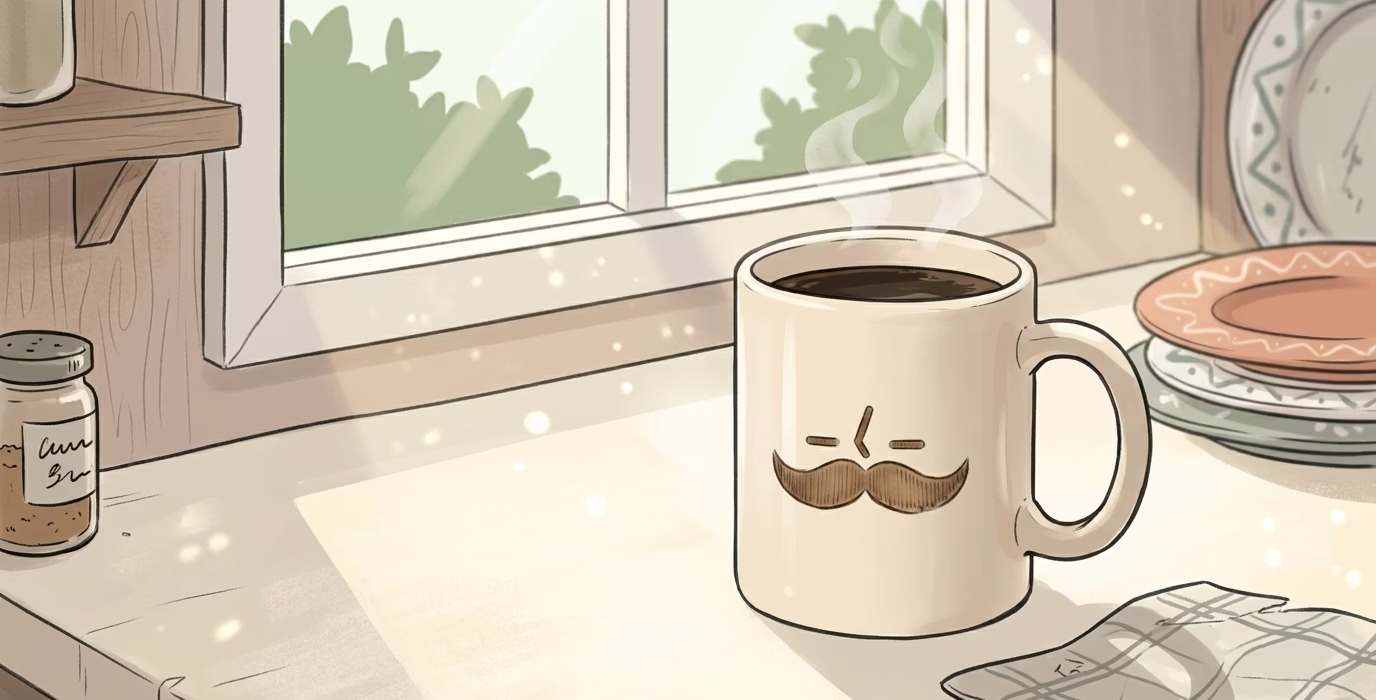 A simple mug of black coffee on a sunny kitchen counter, warm morning light, no clutter
