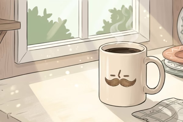 A simple mug of black coffee on a sunny kitchen counter, warm morning light, no clutter