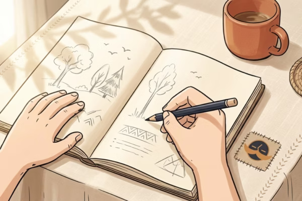 Person sketching in a notebook at a sunny kitchen table, relaxed and unhurried