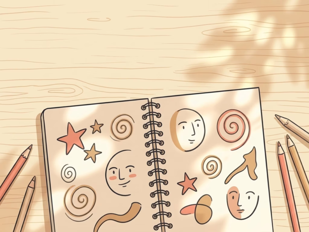 Open notebook with casual doodles and scribbles on a bright wooden desk, no pressure