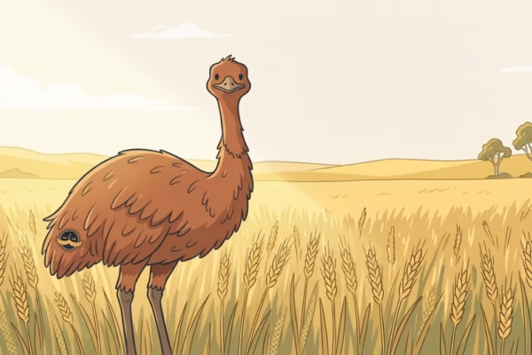 A single emu standing in a sunny Australian wheat field, looking directly at the camera with calm confidence