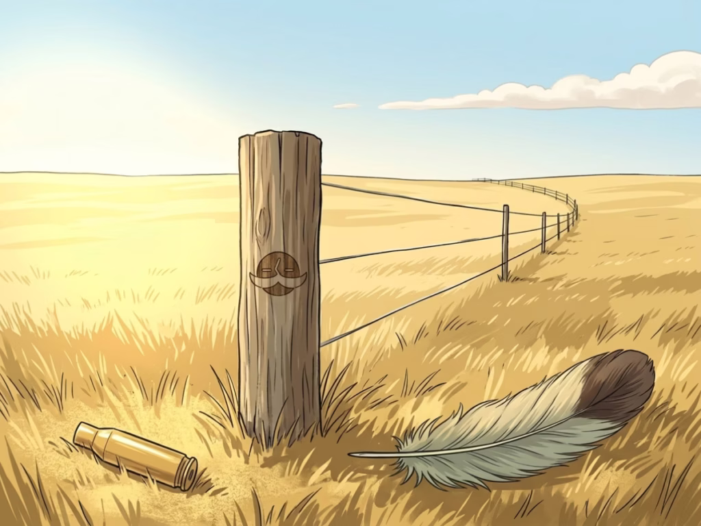 A simple wooden fence post and wire stretching across a sunny open farmland field under a bright blue sky