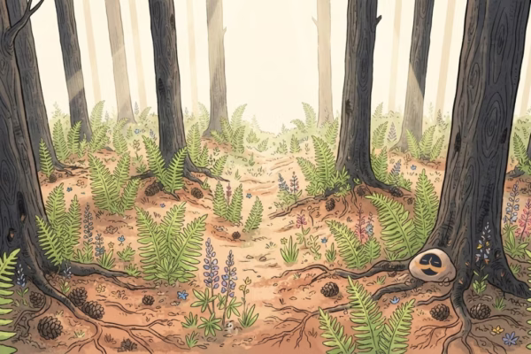 Bright green plants sprouting from charred forest floor after a low-intensity prescribed burn