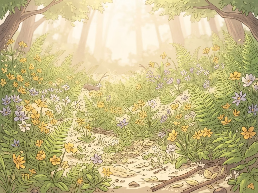 Native wildflowers and green shoots crowding a sunny forest floor, showing post-fire biodiversity recovery