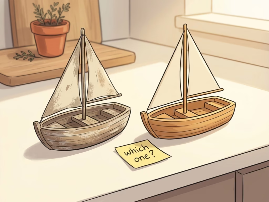 Two small wooden toy boats side by side on a sunny counter with a sticky note reading 'which one?' illustrating Hobbes's Ship of Theseus twist