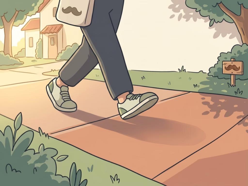 Person walking outdoors in early morning light on a quiet street, casual clothes, unhurried pace