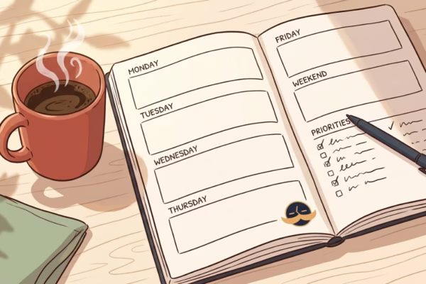 Open planner notebook on a sunny morning desk with a mug of coffee, ready to show up for the day