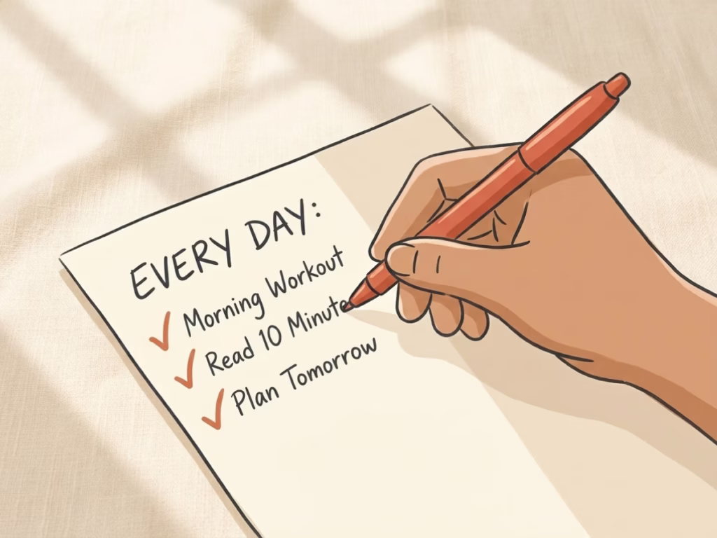 Hand checking off a single item on a handwritten to-do list on a bright morning desk