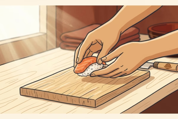 Close-up of hands forming a piece of nigiri sushi on a pale wooden counter in warm morning light