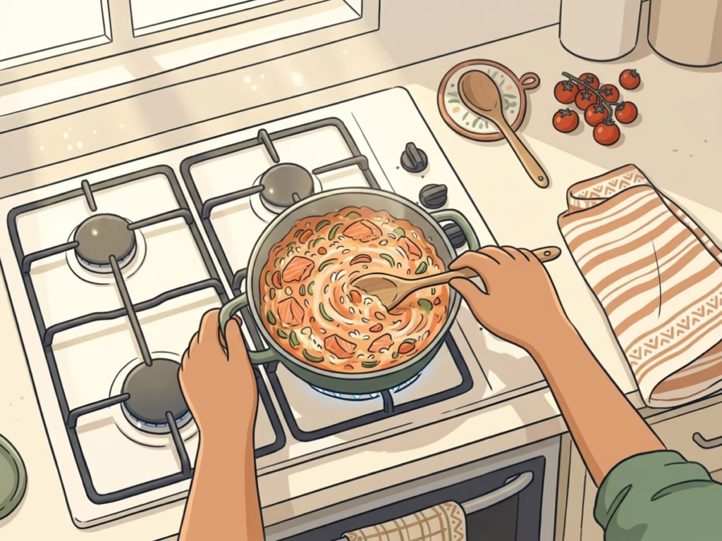 Person stirring something simple on a home stovetop in a bright sunny kitchen, casual and unhurried