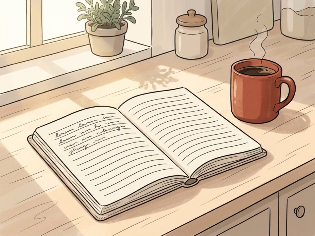 Open notebook with a short handwritten list on a sunny kitchen counter beside a warm cup of coffee