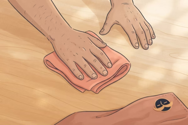 Hands polishing a surface in slow circular motion, warm morning light, quiet focused work