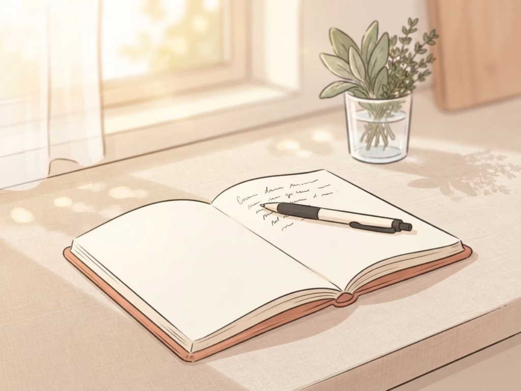 Open notebook with handwritten personal values list on a sunny kitchen counter, pen resting beside it
