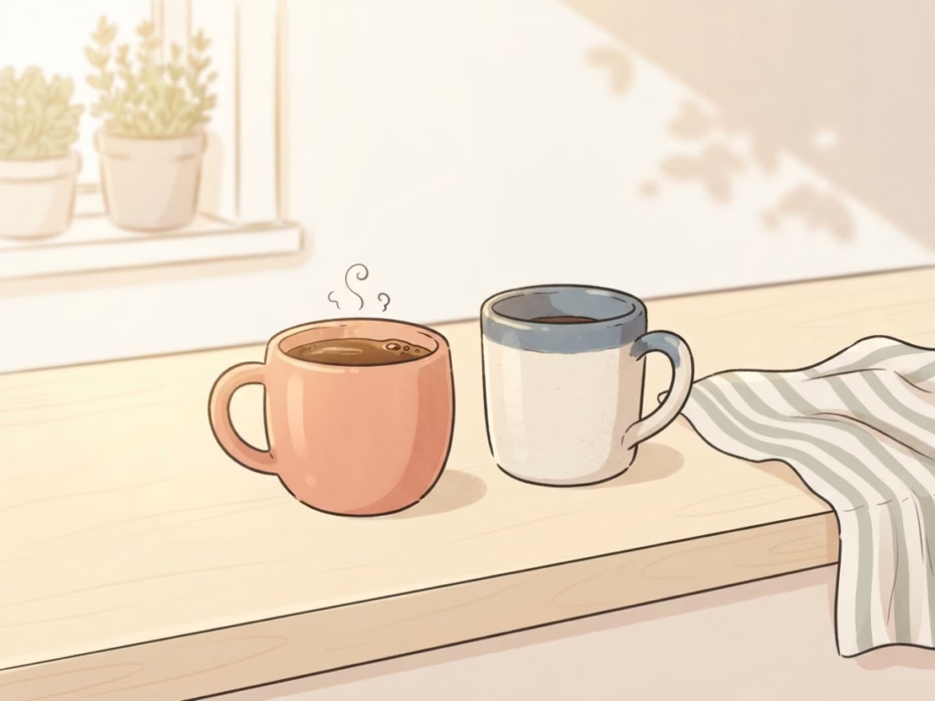 Two mismatched mugs side by side on a sunny kitchen counter, one full one empty, warm morning light