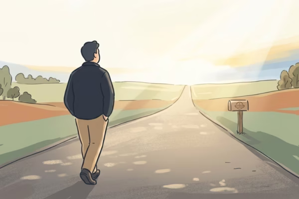 Person walking alone on an open road toward bright horizon, overhead morning light, no destination markers