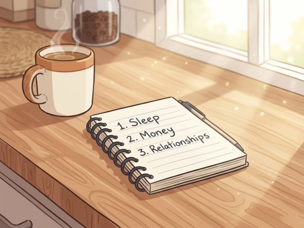 Handwritten notepad showing three lines: Sleep, Money, Relationships, on a sunny kitchen counter beside a coffee mug