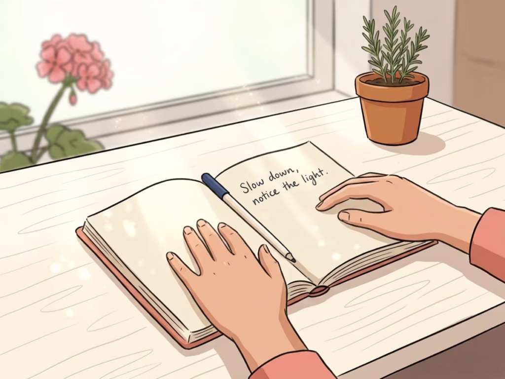 Hands resting over an open journal on a bright desk, pen down, morning light, quiet moment of reflection