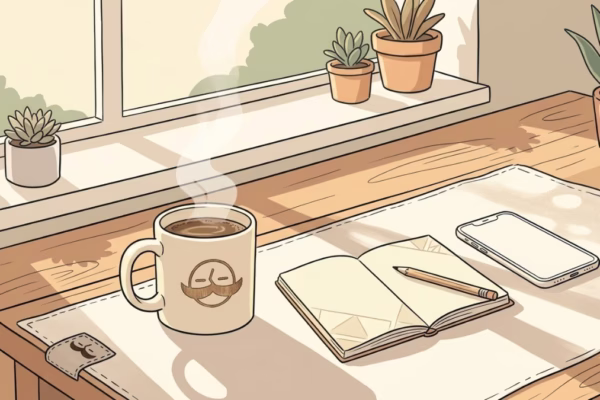 Quiet morning desk with a mug of coffee, notebook, and phone face-down in warm sunlight