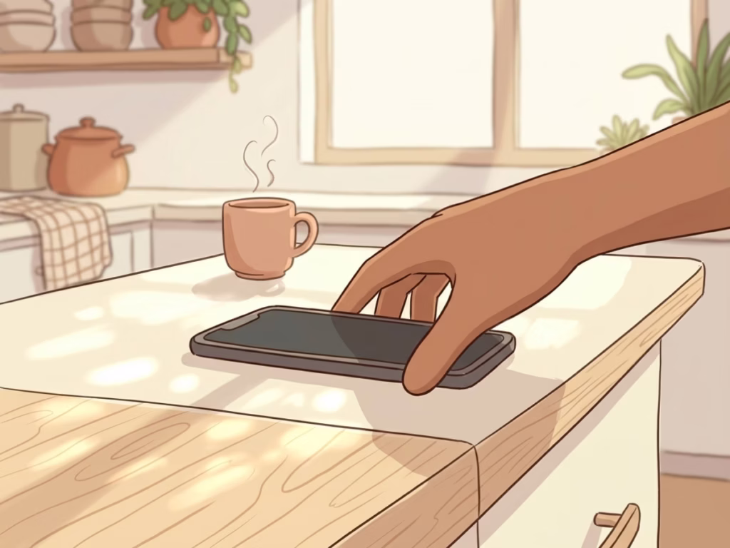 Hand placing a smartphone face-down on a kitchen counter in bright morning light