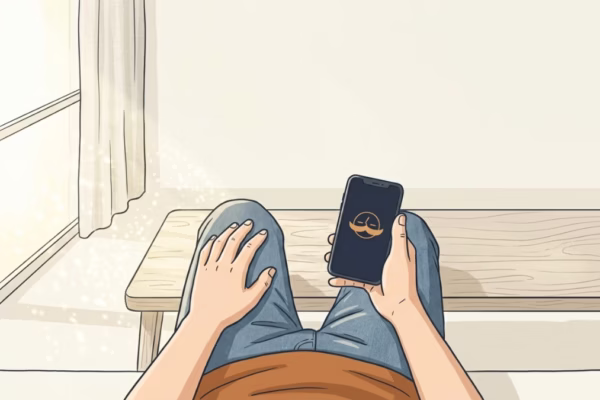 Man sitting still in a waiting room, staring at a dark phone screen, looking mildly uncomfortable