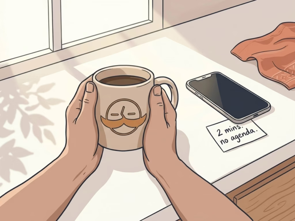 Hands wrapped around a warm coffee mug on a sunny counter, phone face-down beside it, peaceful morning moment