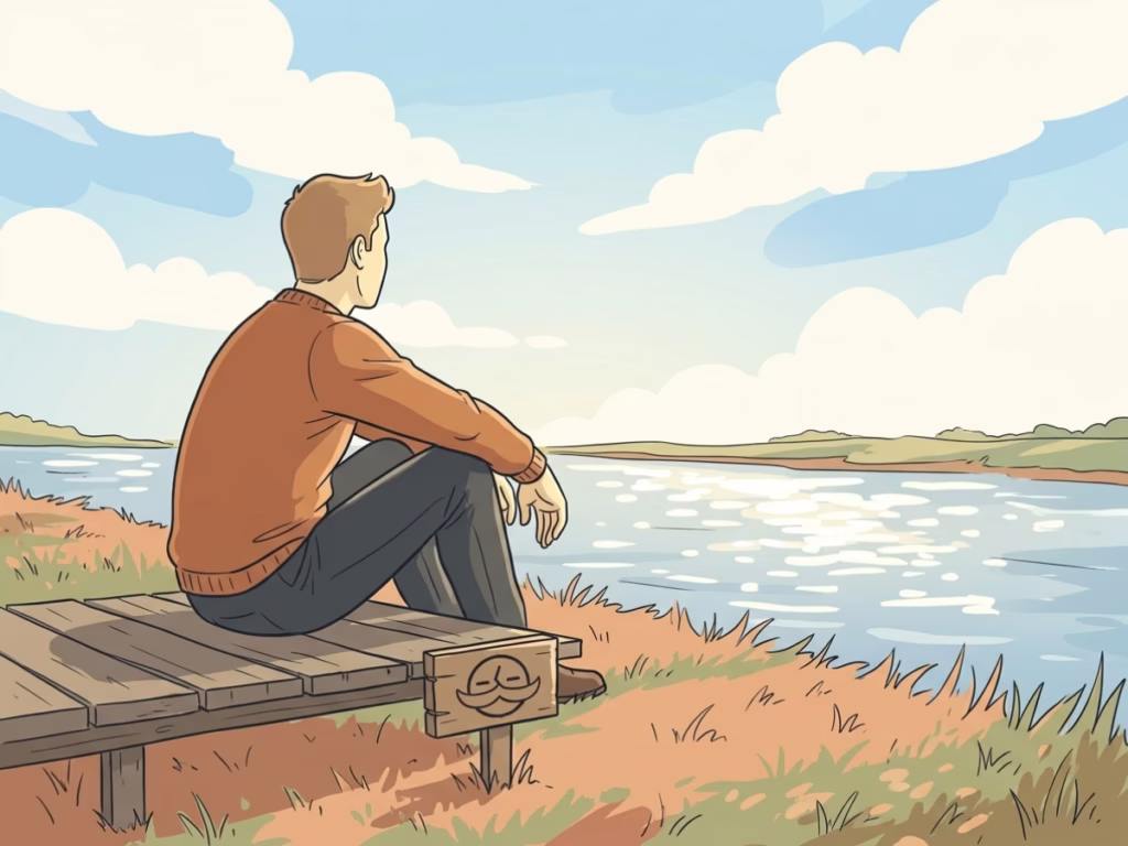Man sitting alone by a calm lake or river in morning light, at ease, no phone, simply resting outdoors