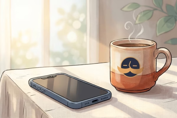 Smartphone placed face-down on a sunny wooden table beside a coffee mug, symbolizing a digital detox weekend