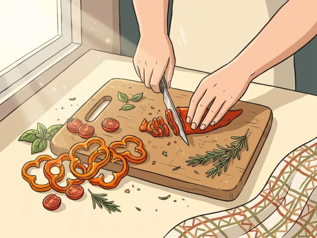 Hands chopping fresh vegetables on a wooden cutting board in a bright kitchen, an offline activity for a digital detox weekend