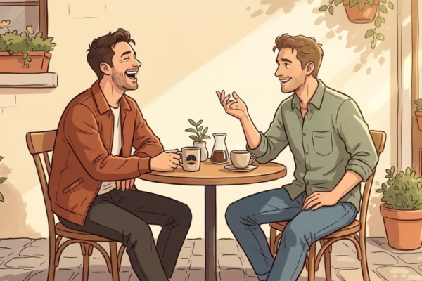 Two adult men laughing together at a sunny outdoor table with coffee cups, relaxed and unpretentious