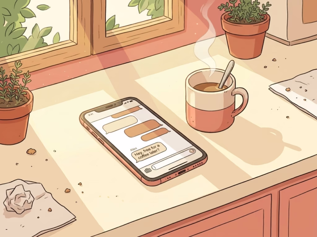 Smartphone face-up on a kitchen counter with an unanswered message thread visible, natural morning light