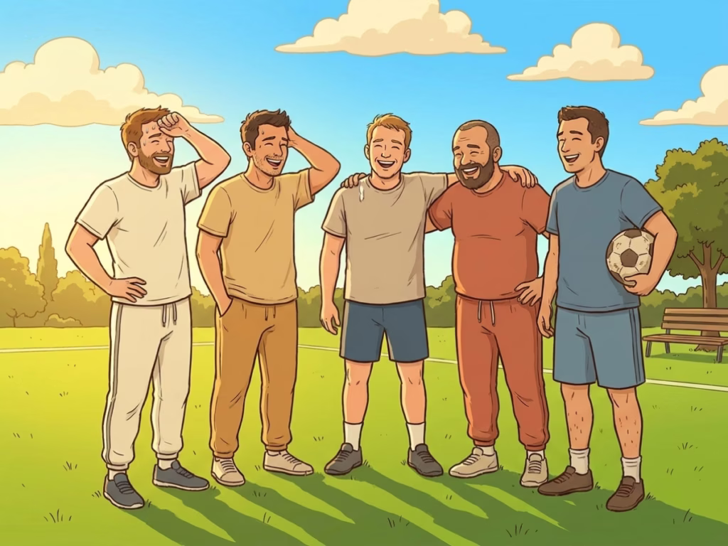 Group of adult men in a casual recreational sports league outdoors, laughing between plays on a sunny afternoon