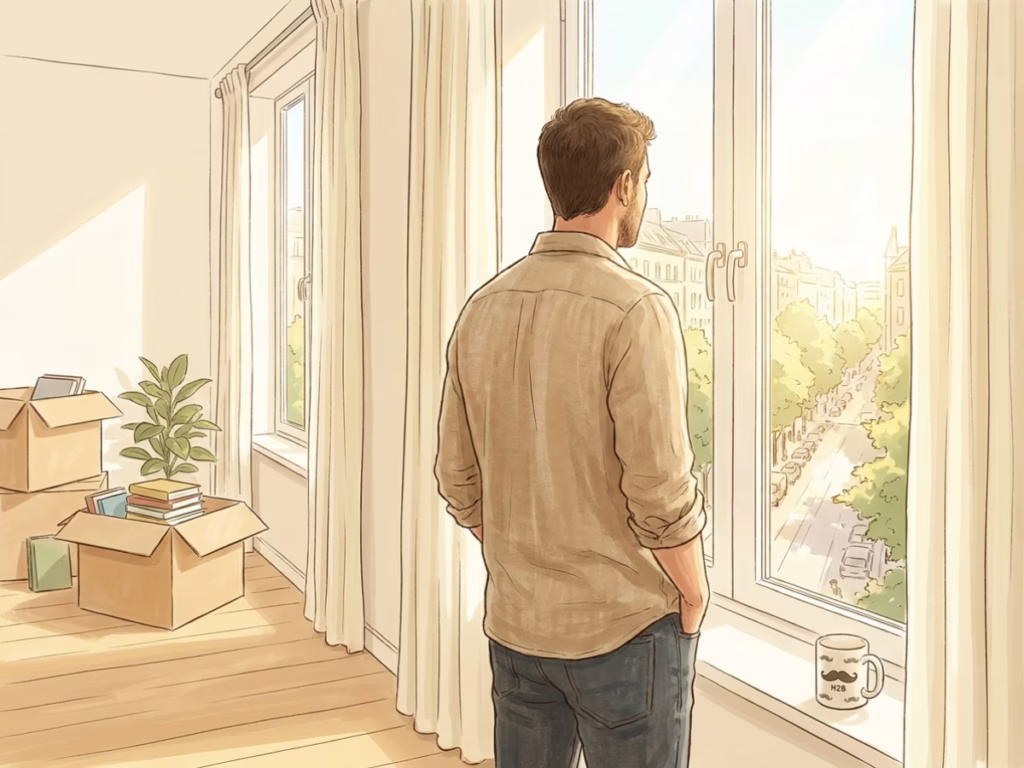 Man standing at a sunny apartment window looking out at an unfamiliar city street, relaxed posture, morning light