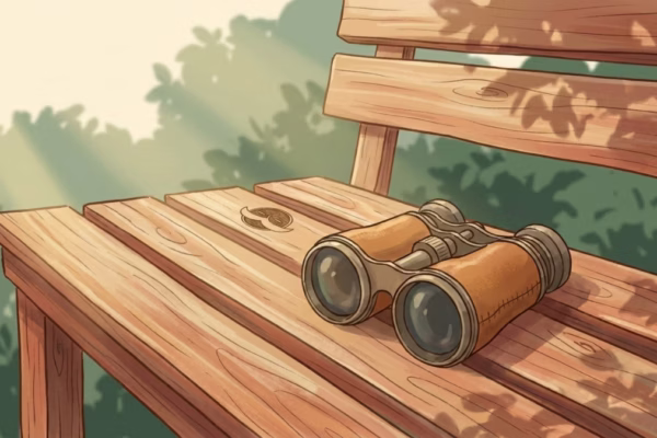 Binoculars resting on a sunny park bench in the morning light, surrounded by green leaves