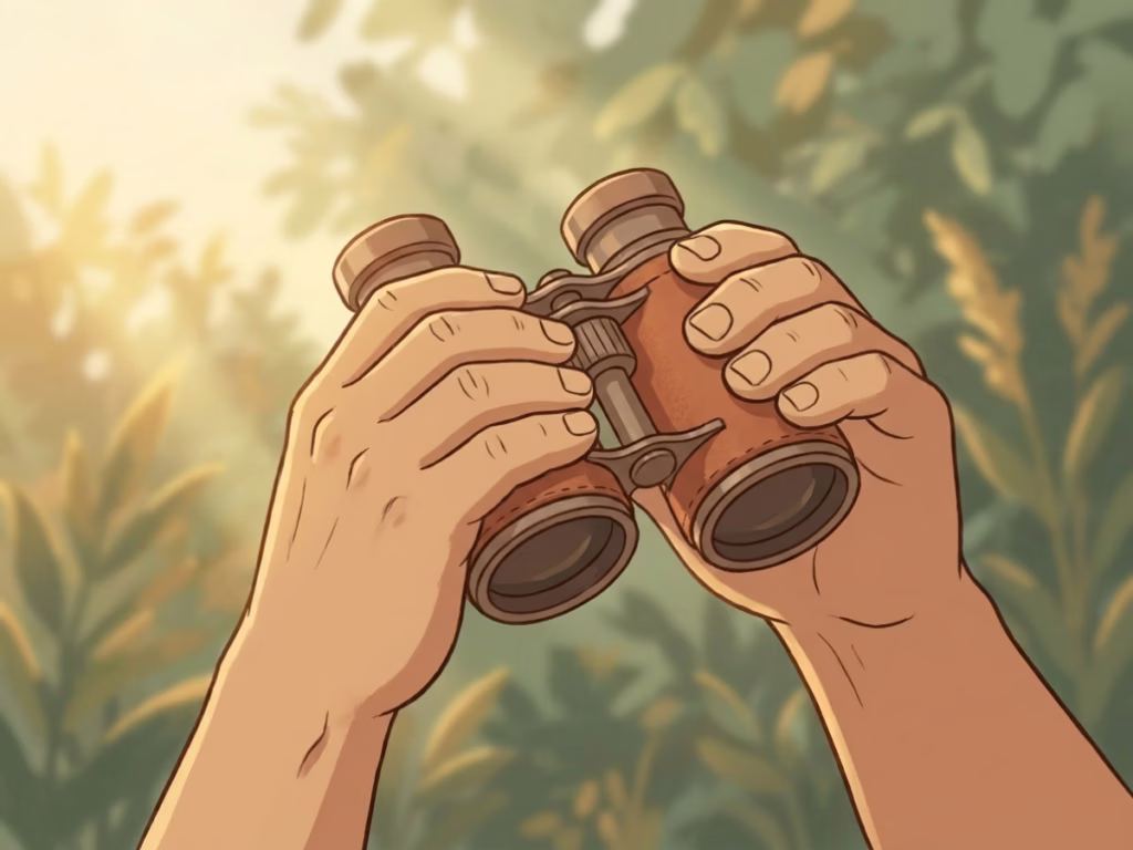 Hands holding binoculars outdoors, close-up view in natural morning light