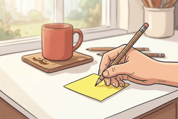 Hand writing a sticky note at a bright kitchen counter in morning light, if-then plan for beating procrastination